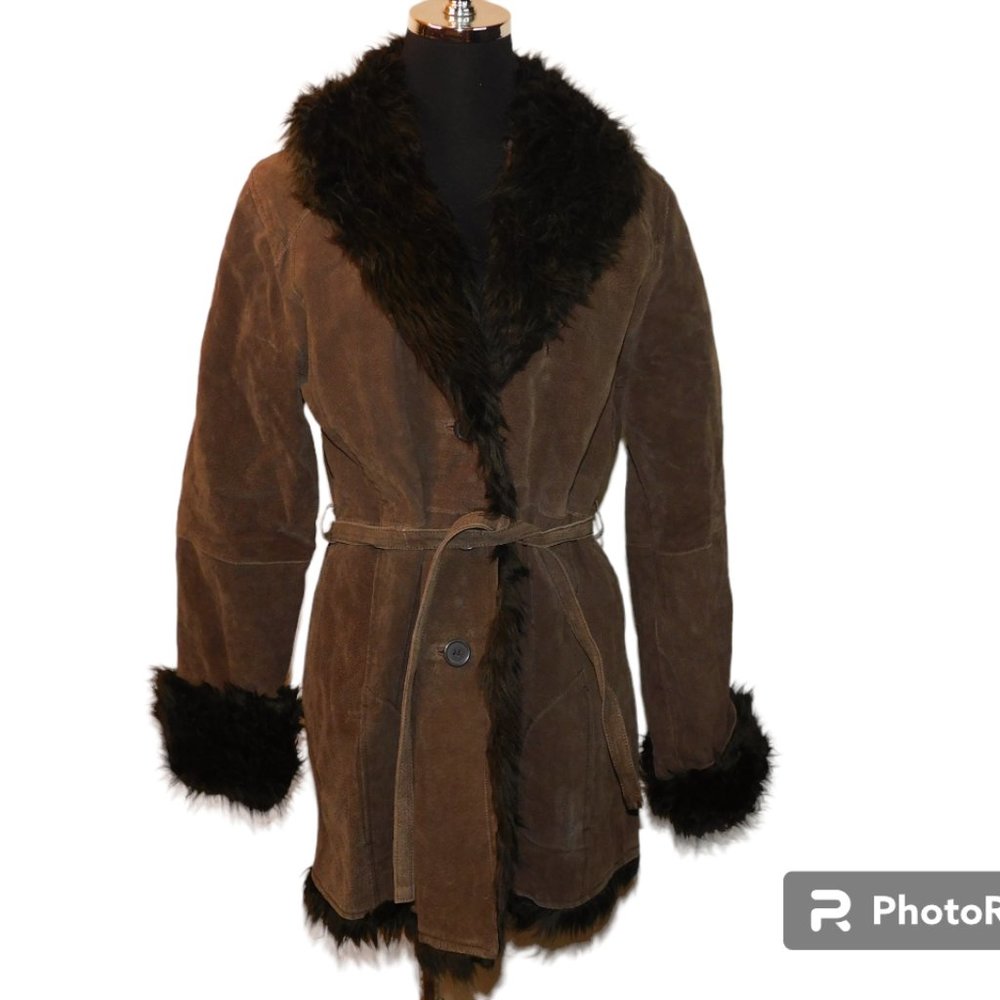 Marcelle Renee Leather Coat NWT Size Large Faux Fur Trim